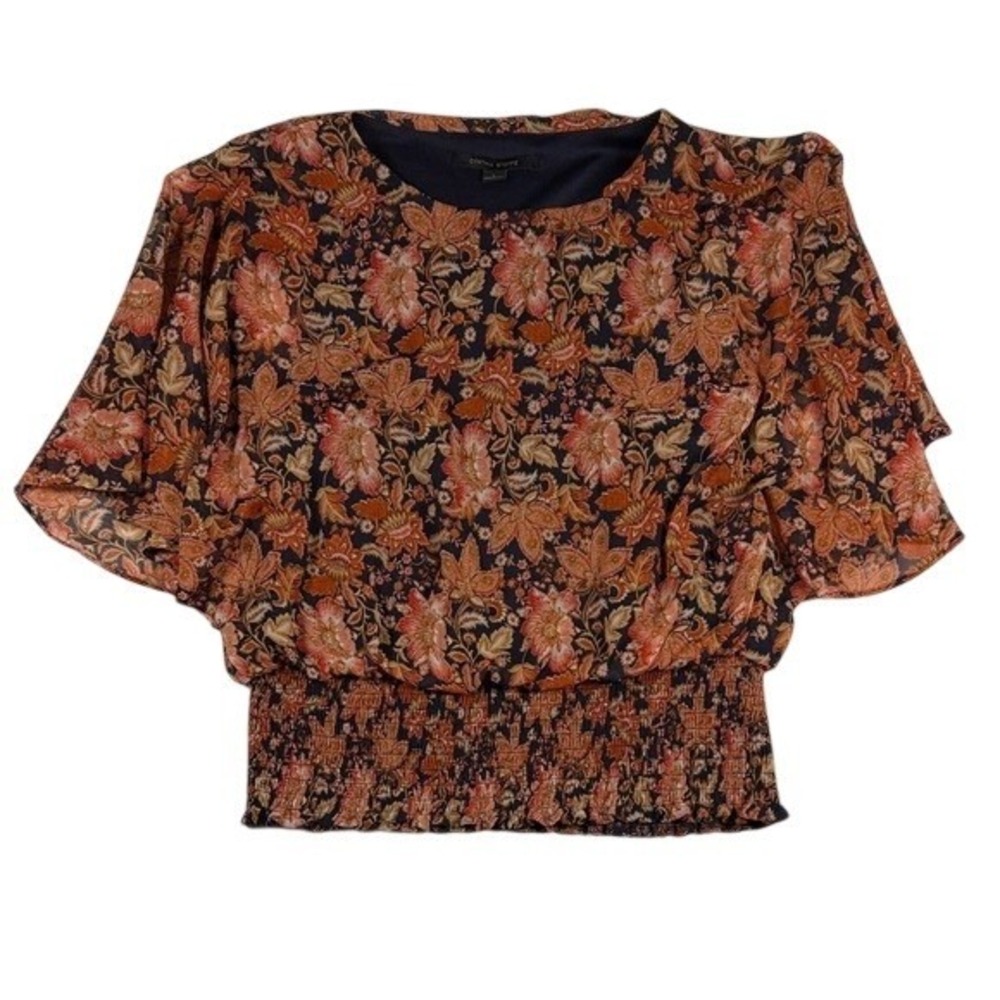 Cynthia Steffe Floral Smocked Waist Blouse Navy Orange Boho Flutter Sleeve L